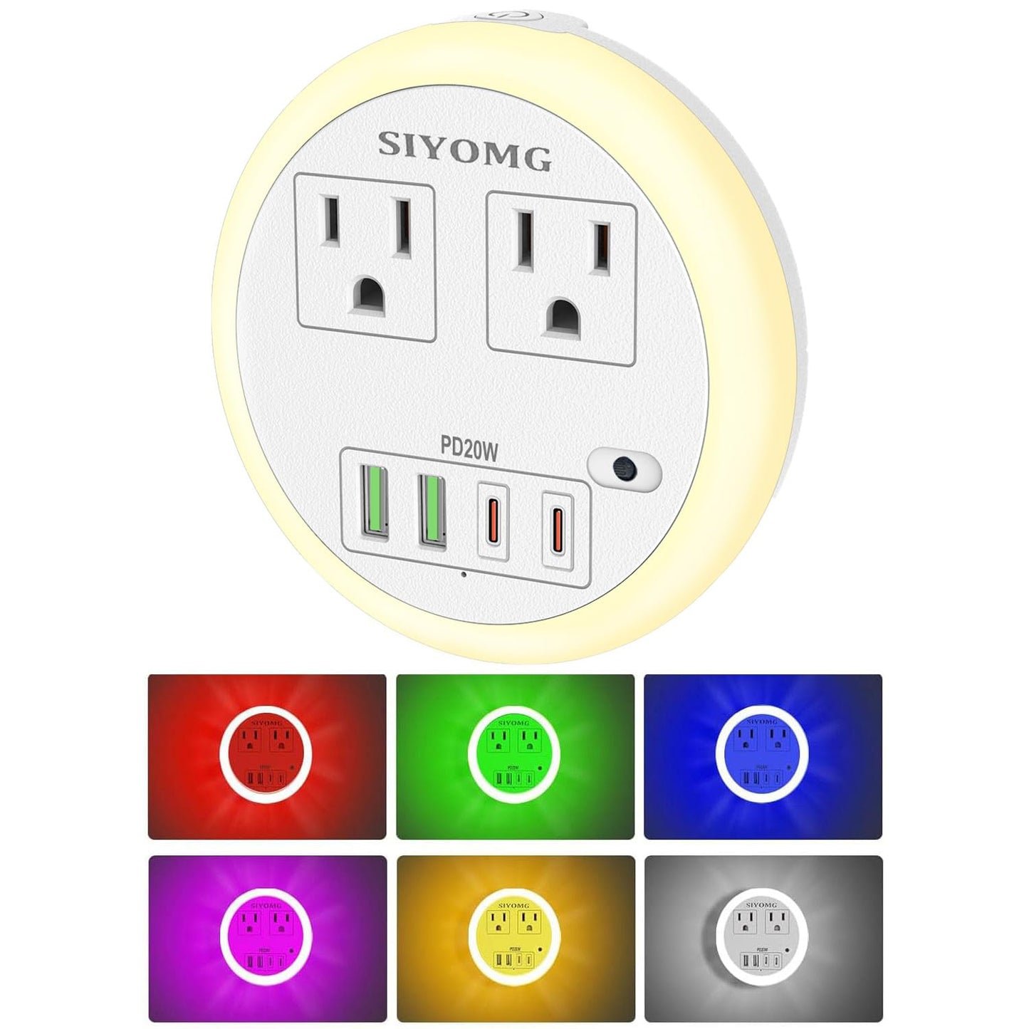 LED Night Lights Plug into Wall, Plug in Night Light with 4 USB Ports and 2 Outlets, Smart Dusk to Dawn Sensor 6-Color Adjustable, Night Light