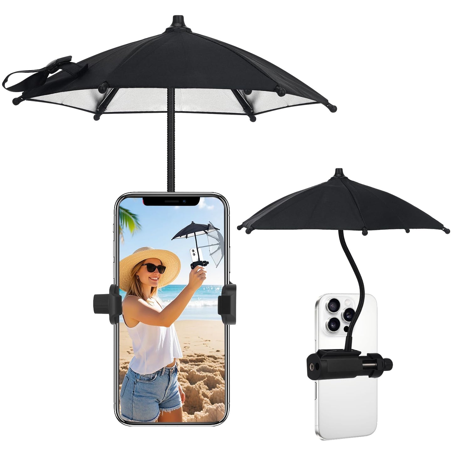 Fixed Clip-on Phone Umbrella for Sun with Flexible Adjustable Handle, Mini Strong Clip Cell Phone Umbrellas Sun Shade Anti Sunlight and Glare fits