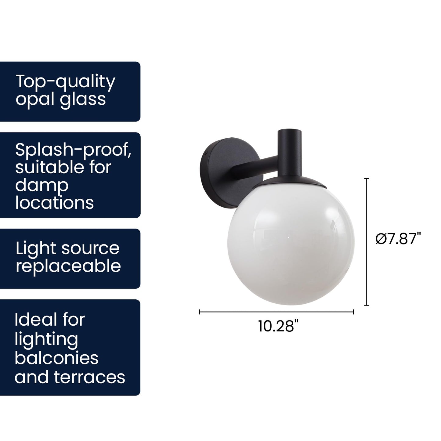 Lucande Porch Light Outdoor Globe Wall Light, Modern Exterior Sconce with Opal Glass Shade, Black Wall Light Fixture for Exterior Patio Balcony