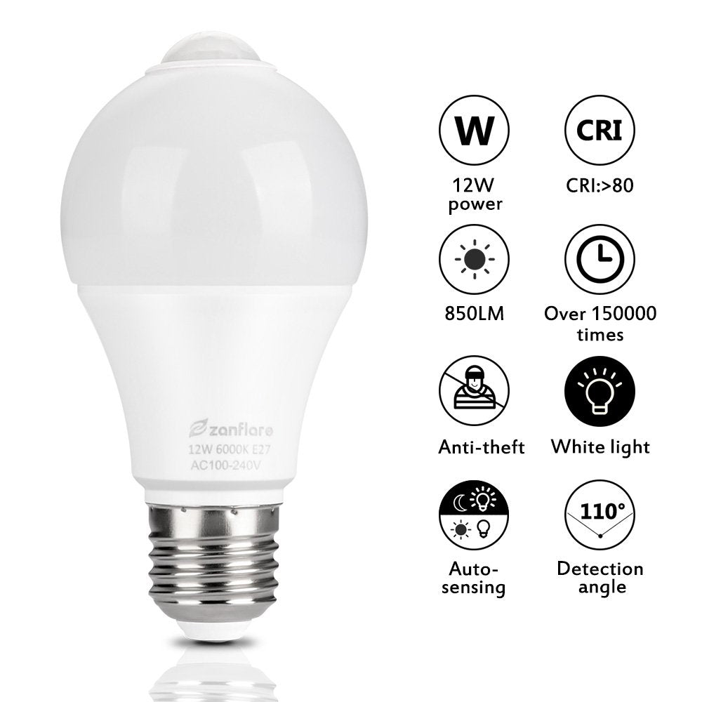 Zanflare Motion Sensor Outdoor Light Bulb, 12W(100W Equivalent), Dusk to Dawn Light Bulbs Auto On/Off Motion Detector Lights for Outside, Porch