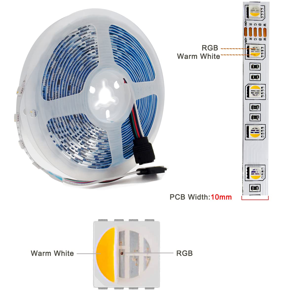 Tesfish 24V LED Strip Lights, 4 in 1 RGBWW RGB + Warm White 3000K 16.4ft Mixed Color Rope Light Strip SMD 5050 IP20 300 LEDs for Bedroom, Kitchen