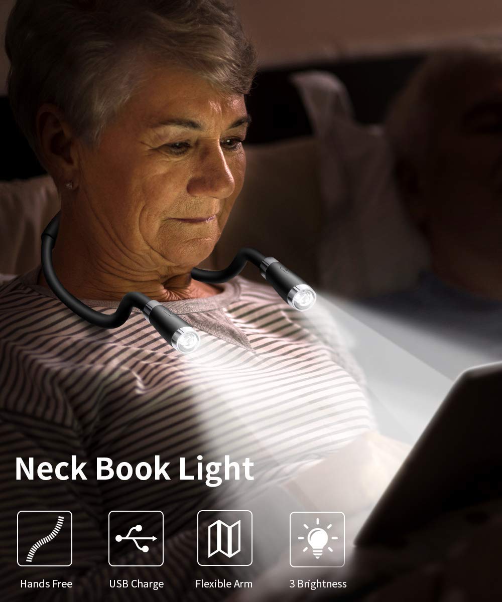 TSINGREE LED Neck Book Light USB Rechargeable, Hands Free, 4 Super Bright LED Bulbs, 3 Adjustable Brightness, Best for Reading in Bed, Knitting