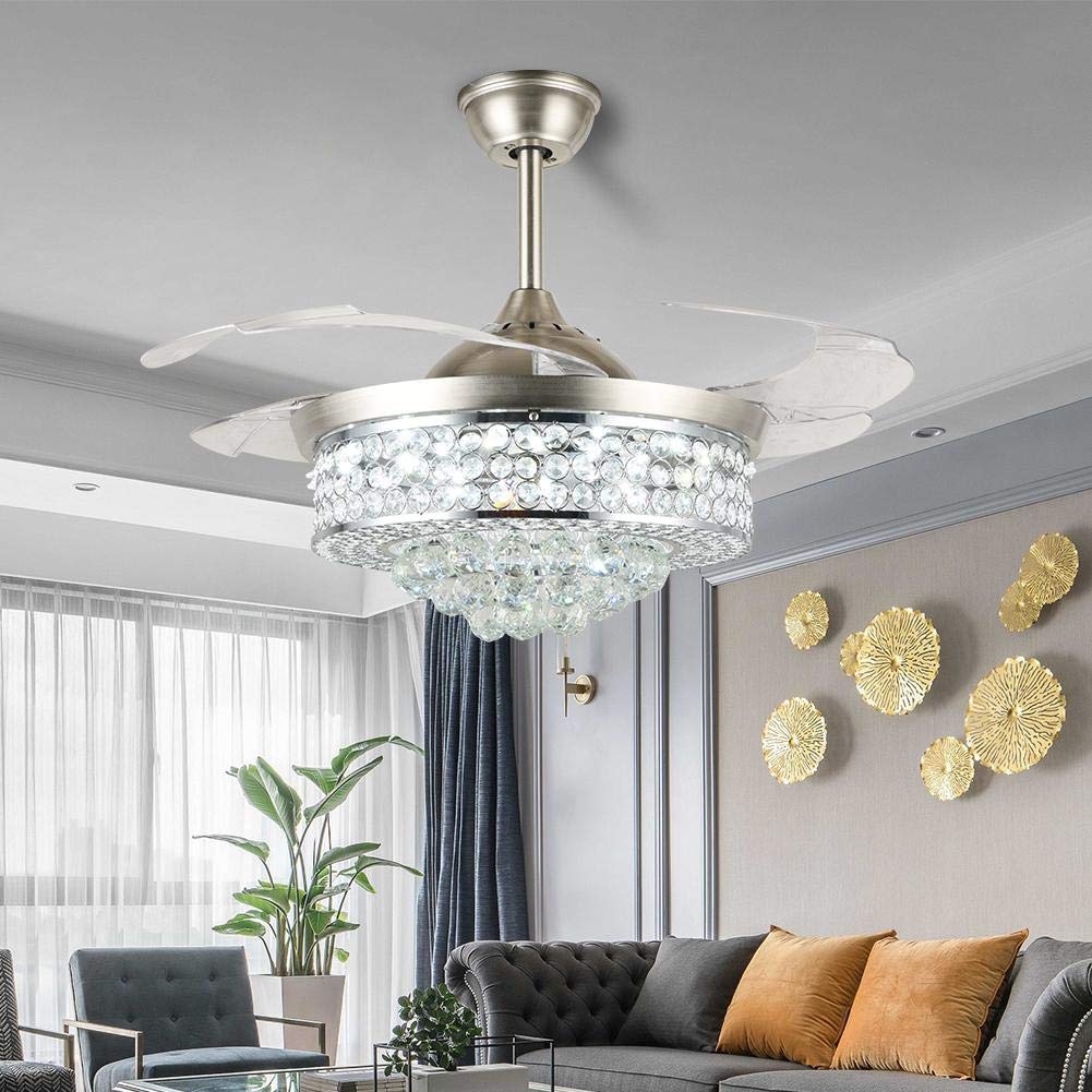 A Million 42" Crystal Ceiling Fan with Light Retractable Blades Brushed Nickel Modern LED Chandelier Remote 3 Colors 3 Speeds Change Silent Ceiling