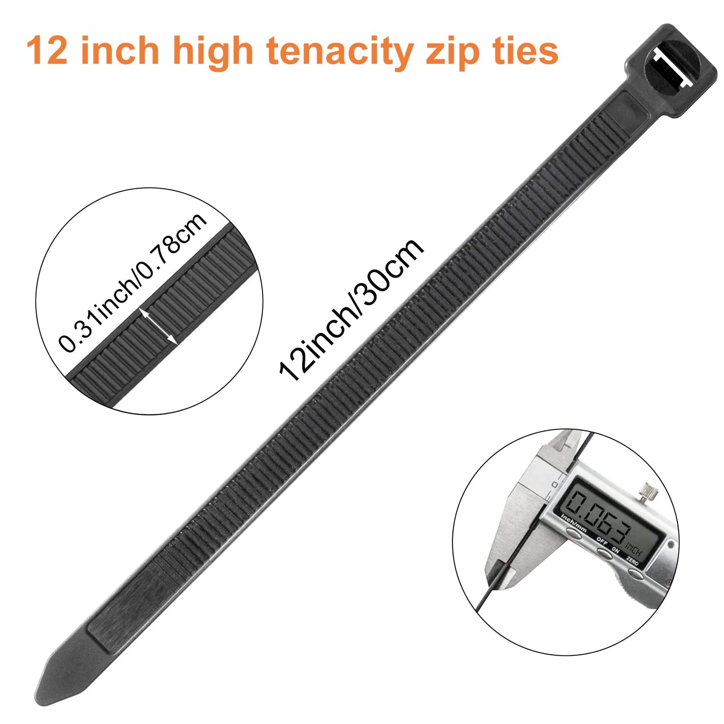 OneLeaf Cable Ties 12 Inch Heavy Duty Zip Ties with 120 Pounds Tensile Strength for Multi-Purpose Use, Self-Locking UV Resistant Nylon Tie Wraps