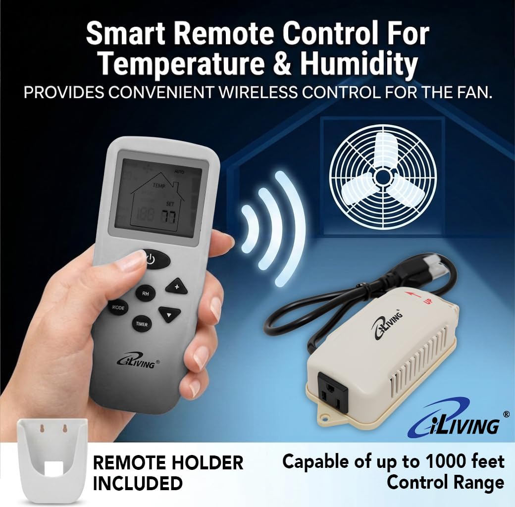 iLiving 10" Shutter Exhaust Fan with Wireless Smart Remote Controlled Thermostat and Humidity, Variable Speed Wall Mounted Attic Vent Fan, Chicken