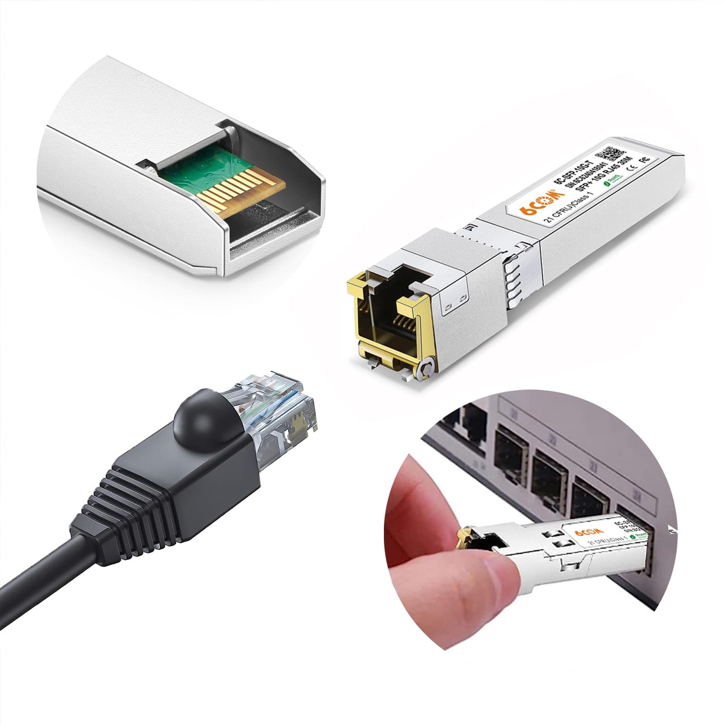6COM 10GBase-T SFP+ Copper Transceiver, 10G SFP 10G-T RJ45 Module up to 30 Meters, Compatible for Ubiquiti UF-RJ45-10G, Netgear AXM765, and Other Open