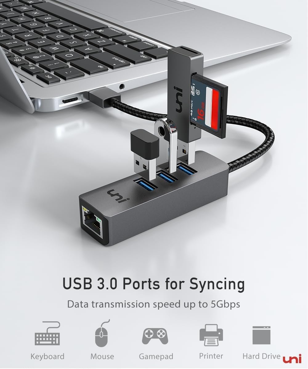uni USB to Ethernet Adapter, USB 3.0 Hub with 100/1000 Mbps RJ45 Ethernet Driver Free, Sturdy Aluminum 4-in-1 USB-A to LAN Network Adapter Compatible