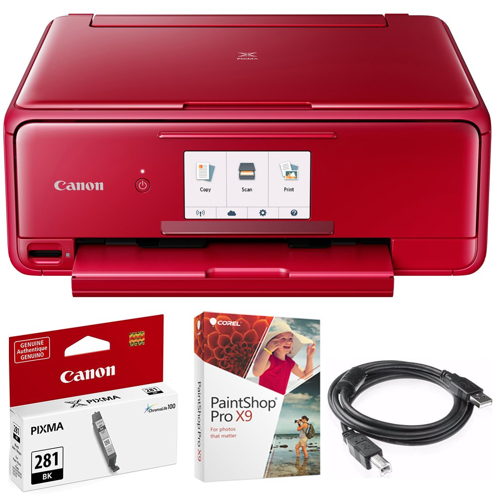 Canon 2230C042 PIXMA TS8120 Wireless Inkjet All-in-One Printer with Scanner and Copier, Red Bundle with CLI-281 Black Ink Tank, Corel Paint Shop Pro