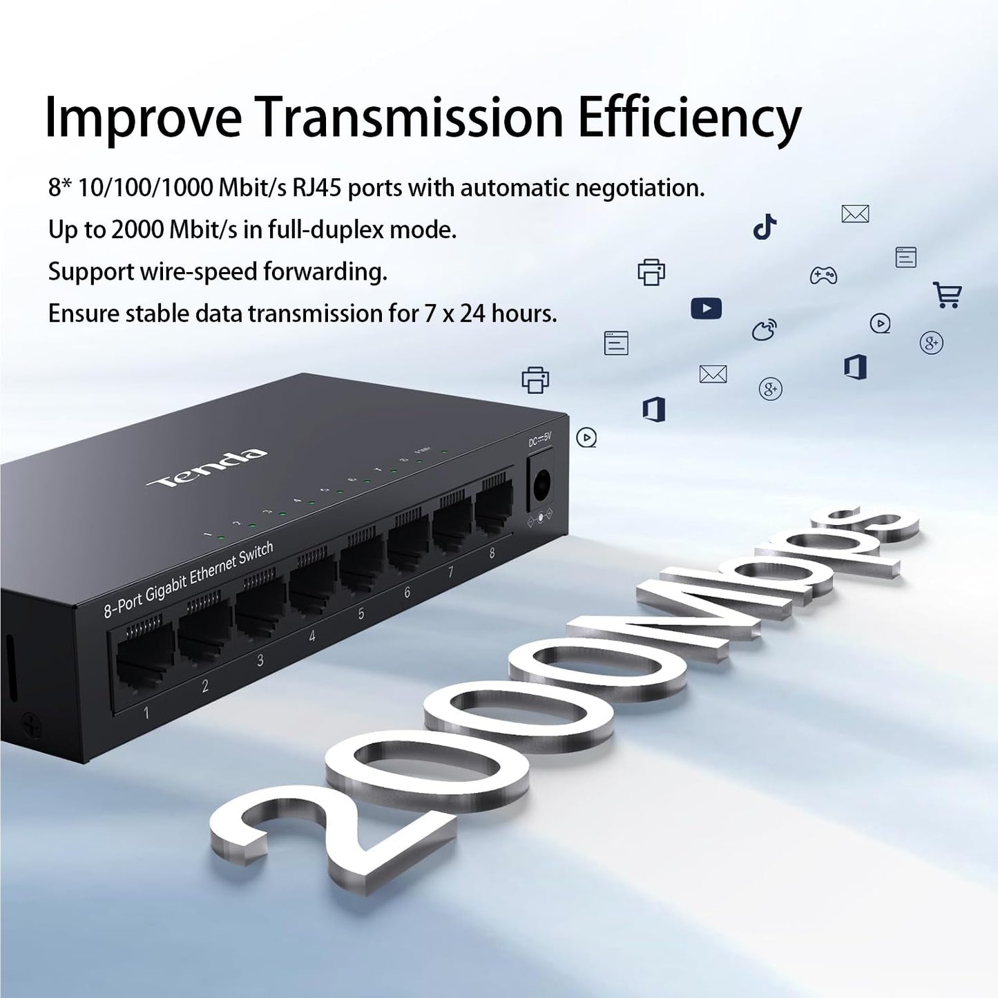 Tenda TEG1008M, 8 Port Gigabit Switch, Unmanaged Ethernet Switch with Traffic Optimization, Plug & Play, Fanless & Metal Design Network Switch Hub