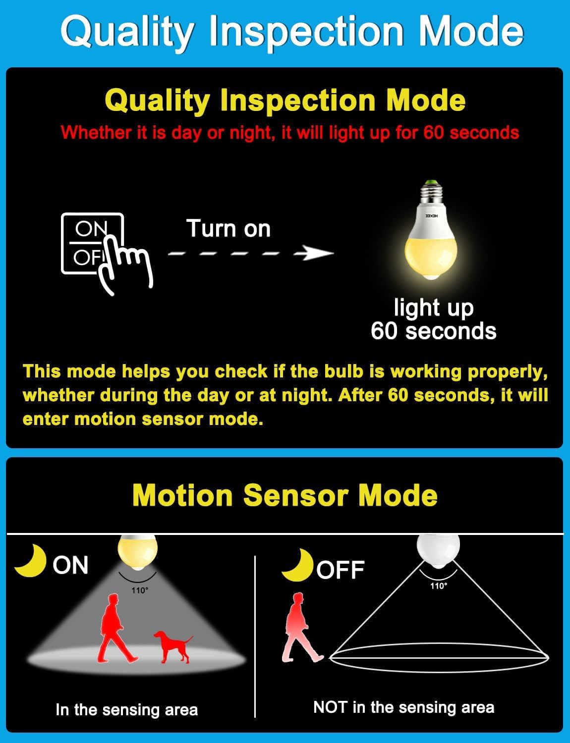 HEKEE Motion Sensor LED Light Bulb 9W A19 PIR Built-in IR 60W Equivalent Bright 900 Lumens E26 Base Warm White Bulbs (2 Packs)