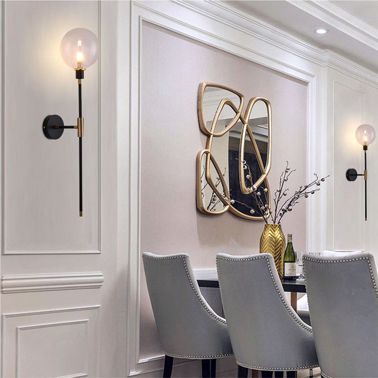 KCO KCOLighting 1-Light Sconces Wall Light Gold Black Modern Wall Mounted Sconce Globe Glass Shade Wall Lamp with Long Arm for Bedroom Hallway