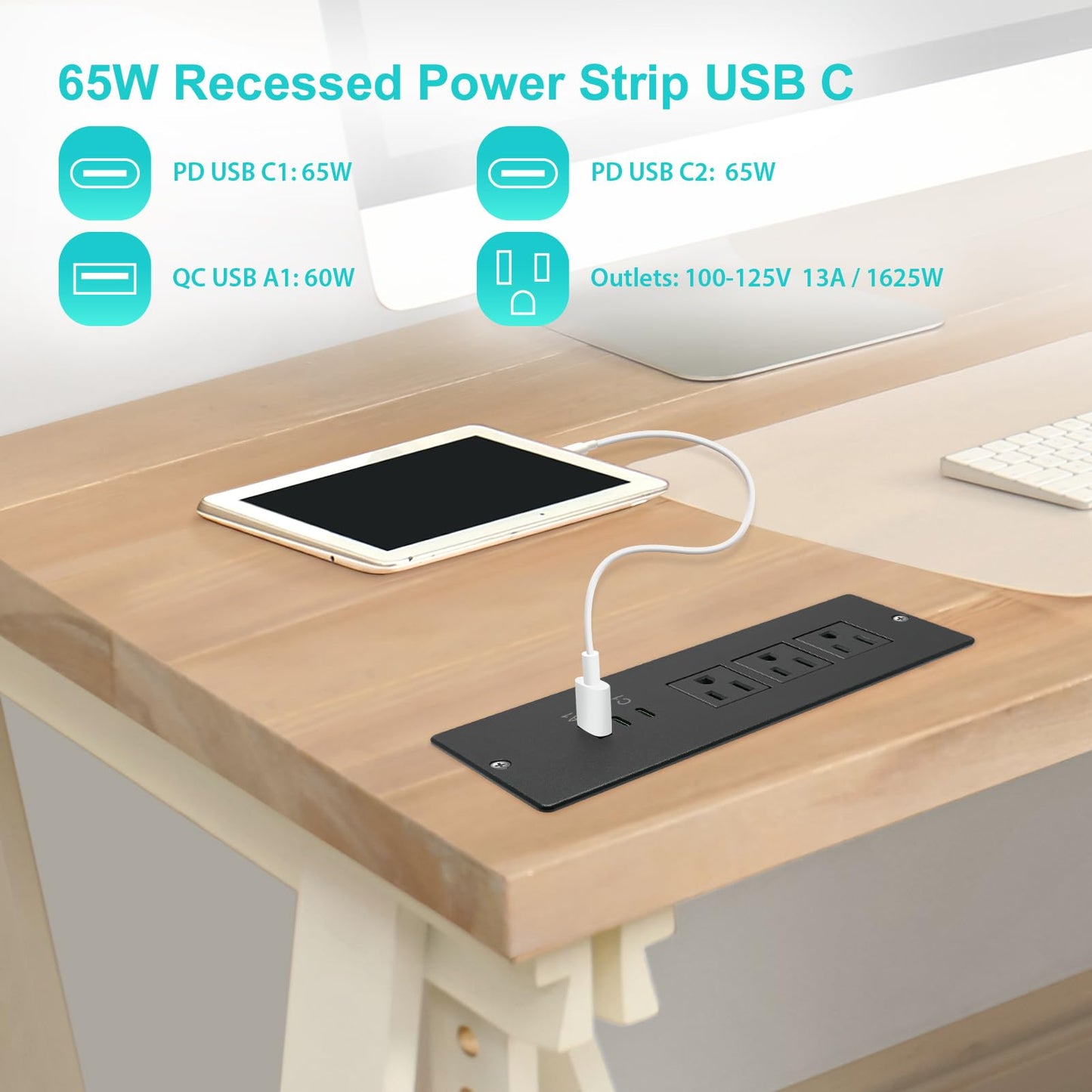 Recessed Power Strip USB C 65W,Flush Mount Desk Power Outlet 3 Outlets 3 USB (PD 65W& QC60W,) 6.56ft Heavy Duty Power Cord with Flat Plug Fast Charge