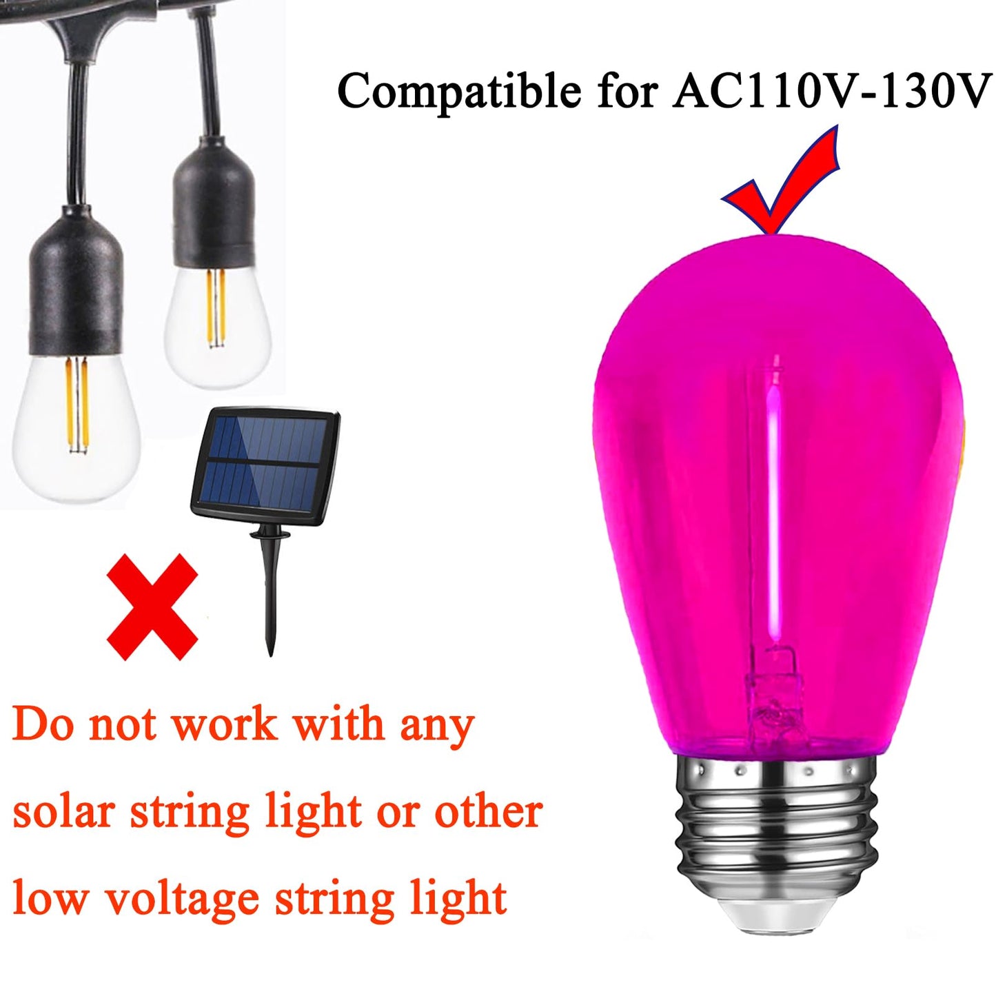 S14 Pink LED Bulb 1W Shatterproof Replacement Light Bulb E26 Base LED Filament Edison Colored Lights Waterproof Outdoor String Replacement Bulbs