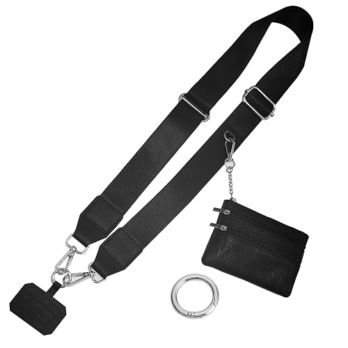 PHULWEL Cell Phone Lanyard with Wallet - Anti-Theft Crossbody Adjustable Phone Strap for Most Smartphones, for Men & Women (Black)