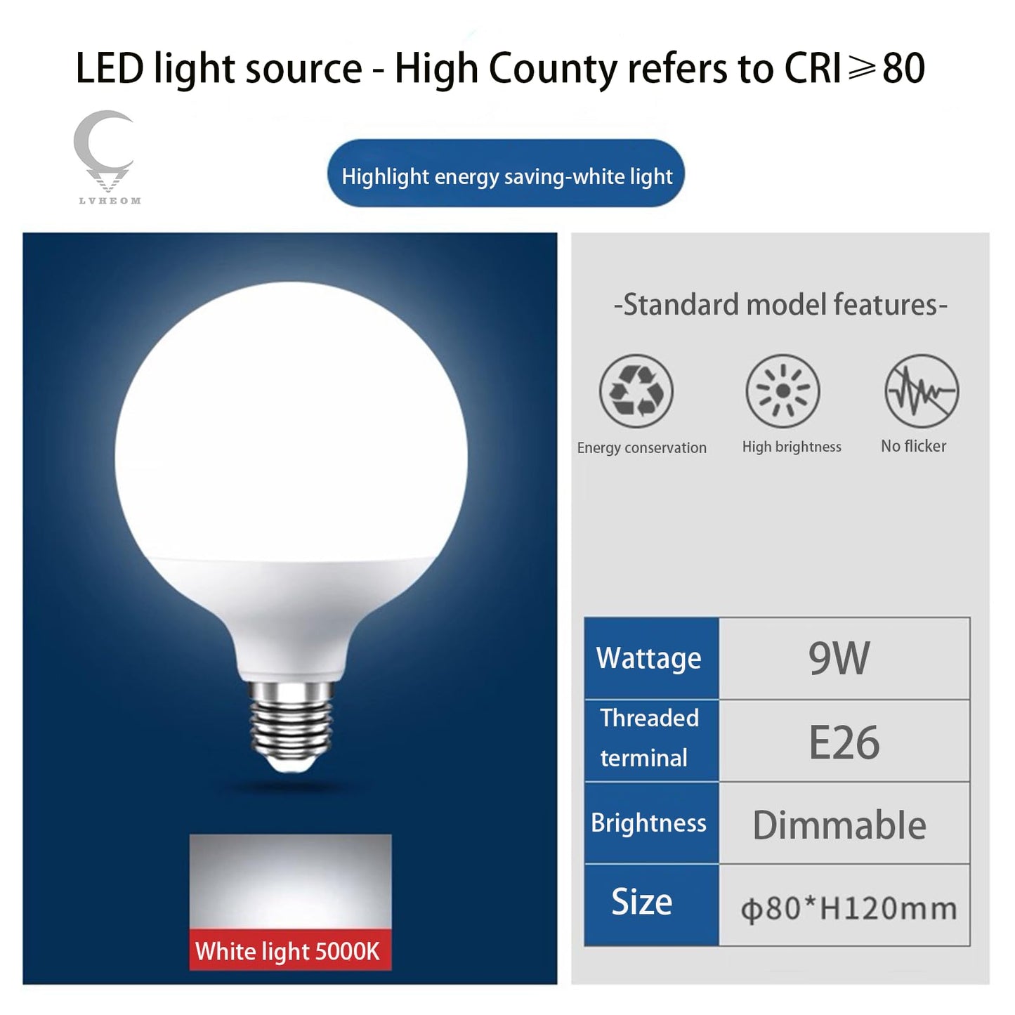 LVHEOM LED Globe Bulb, 100W Equivalent Light Bulbs, 9W 5000K Daylight White Bulb, 900 Lumens Triac Dimmable LED Bulb, E26 Standard Base (9W 5000K