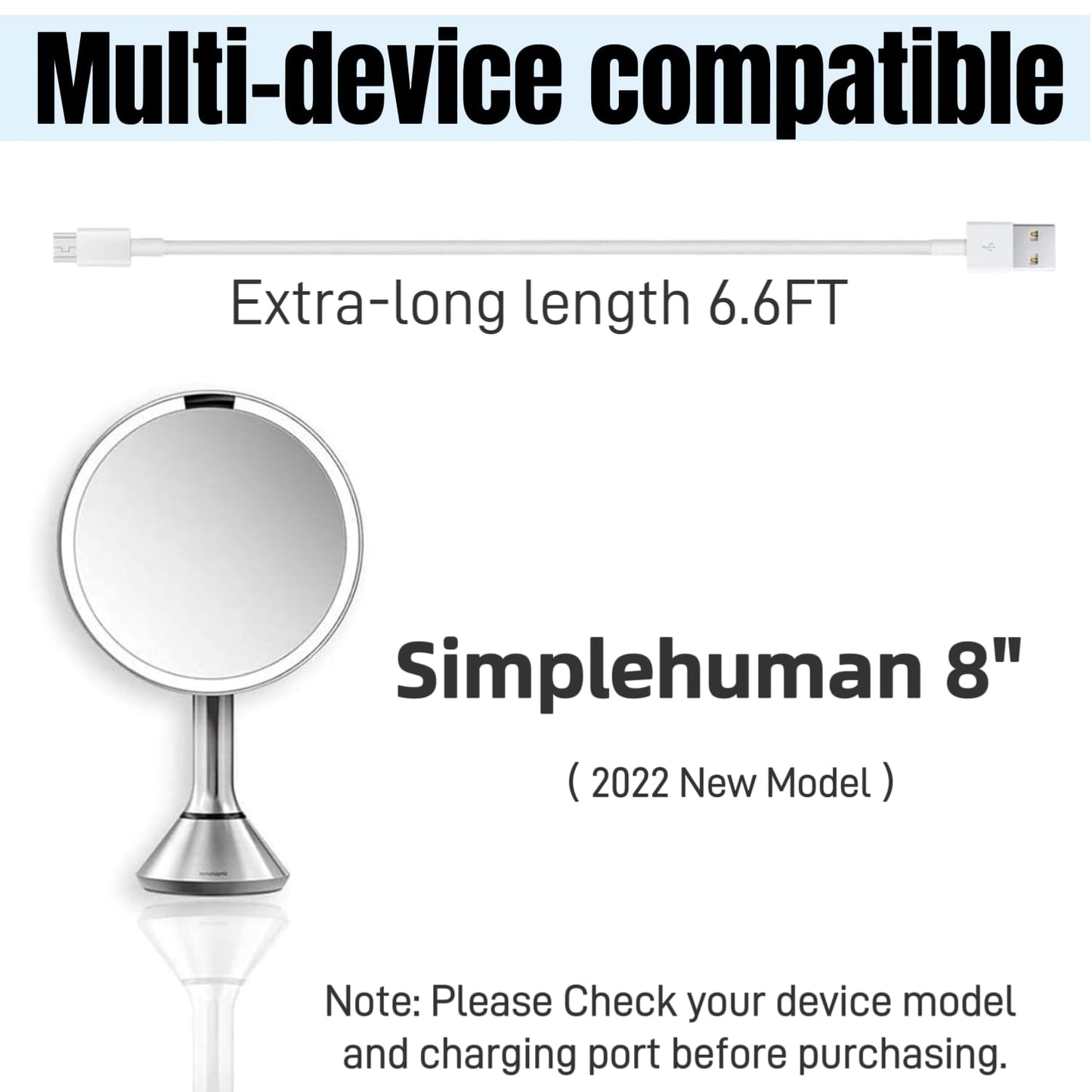 Charger Charging Cable Compatible with SimpleHuman 8" Round Sensor Makeup Cosmetic Mirror (2022 New Model) ST3052 ST3053 ST3054 ST3055 ST3034,etc-6.6
