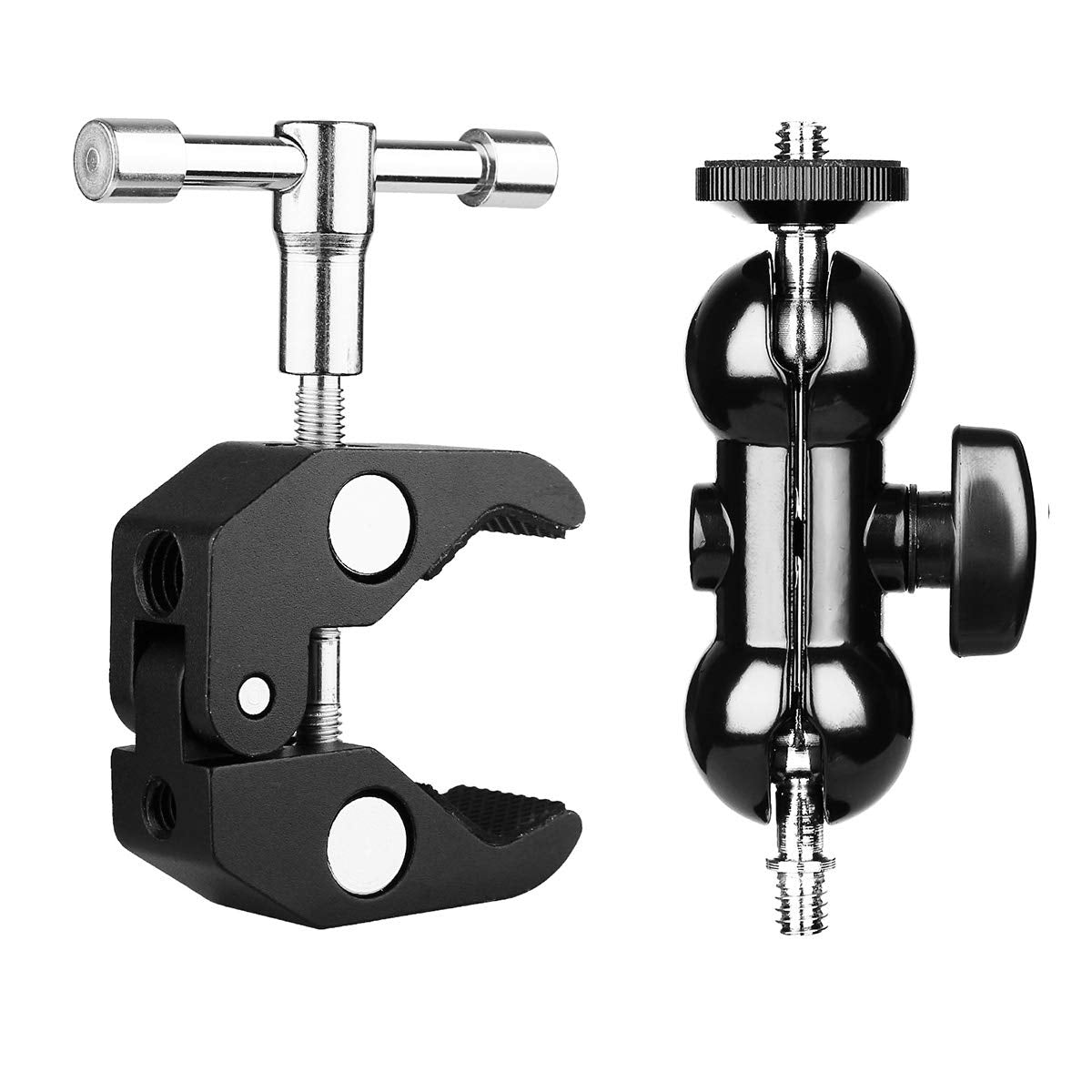 SLOW DOLPHIN Super Clamp w/1/4 and 3/8 Thread with Cool Double Ballhead Arm Adapter Bottom Clamp for DSLR Camera/Field Monitor/LED (2 PCS)