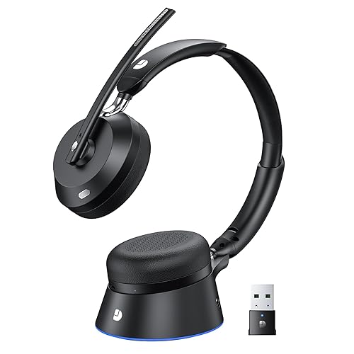 Wireless Headset with Mic for Work, Wireless Headphones with Mic (Noise Cancelling), Charging Base & Mute Button, Bluetooth Headset with Microphone…