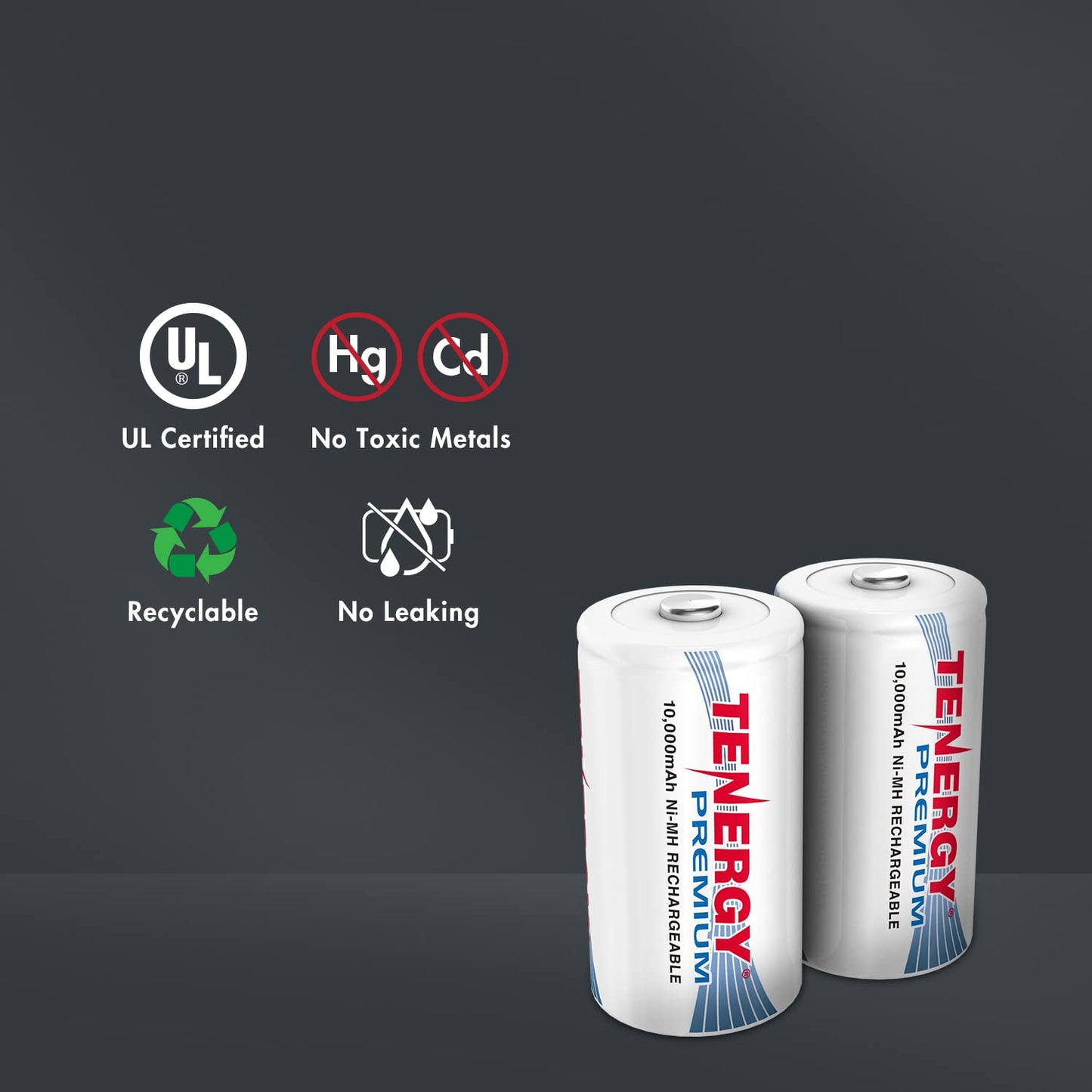 Tenergy Combo: 4 pcs Premium D Size Rechargeable Batteries High Capacity 10000mAh NiMH - UL Certified