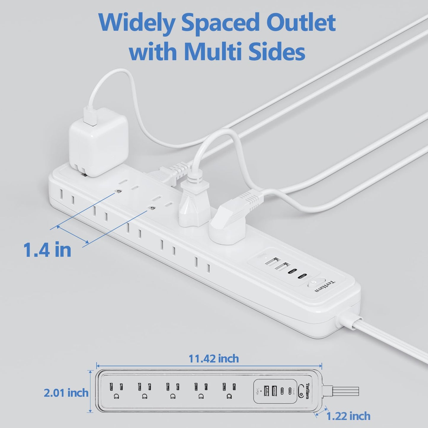 5Ft Power Strip Surge Protector - TerHavn Extension Cord with 15 AC Outlets and 4 USB Ports for for Home, Office, Dorm Essentials, 1080 Joules,15A