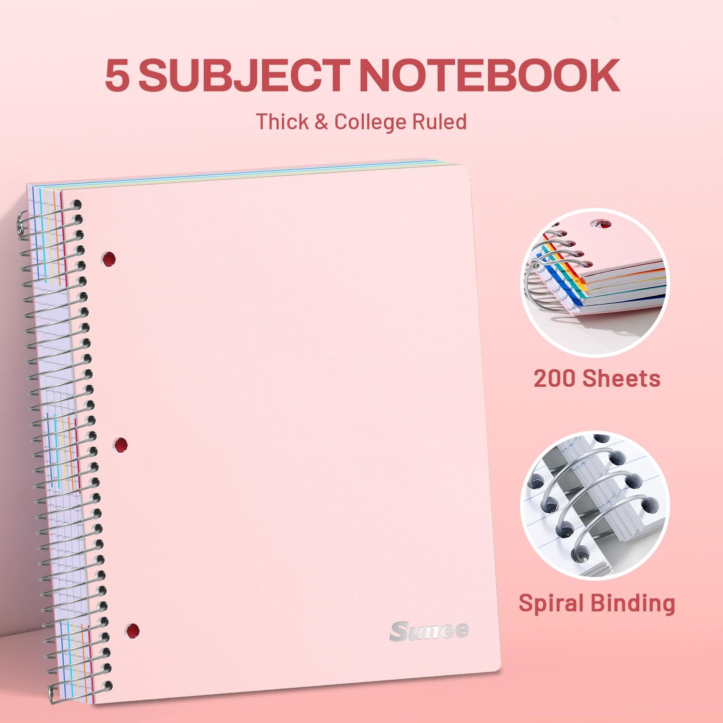 SUNEE 5 Subject Notebook College Ruled - 400 Pages, 9"x11", 5 Pocket Colored Dividers, 3-Hole Punched Paper, Pink