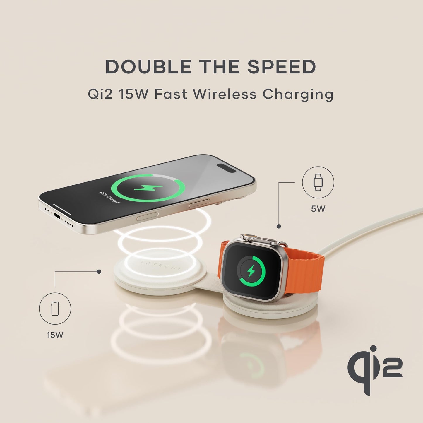 Satechi OntheGo™ 2 in 1 Wireless Charger, Qi2 Portable Charger with 15W Fast Charging for iPhone 17 to 12 Series and 5W for Apple Watch, Magnetic