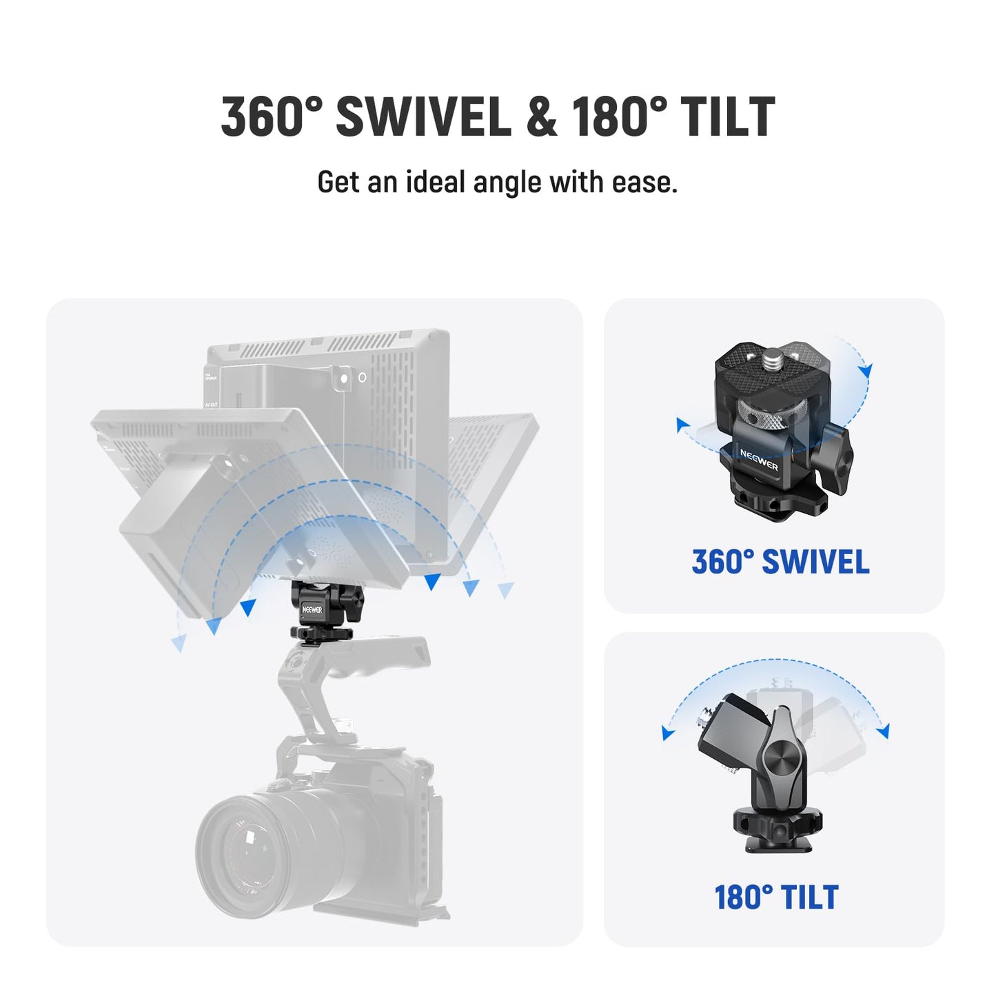 NEEWER Cold Shoe Camera Monitor Mount with Anti Twist 1/4" Screw Compatible with Atomos Ninja V, 5" & 7" Field Monitor, 360° Swivel 180° Tilt