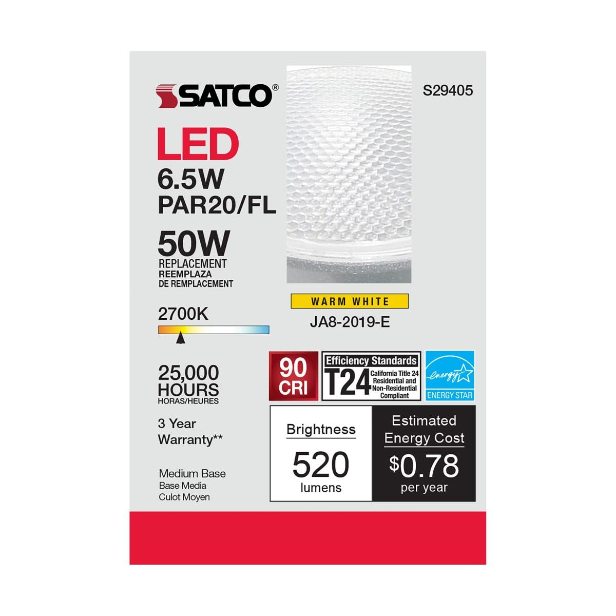 Satco 50W Equivalent Soft White PAR20 Medium Dimmable LED Floodlight Light Bulb - 1 Each