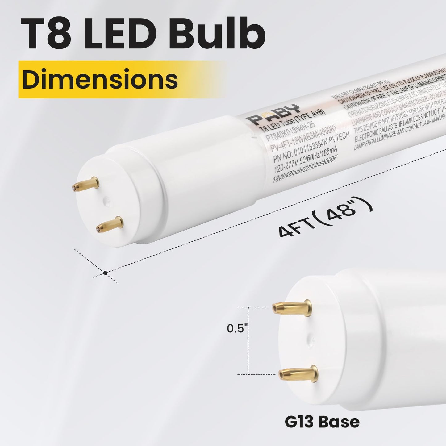 Paby 25 Pack 4FT LED T8 Type A+B Light Tube, 18W, Plug & Play or Ballast Bypass, 2250LM, 5000K, Single or Double End Power Input, 120-277V, T8 T10