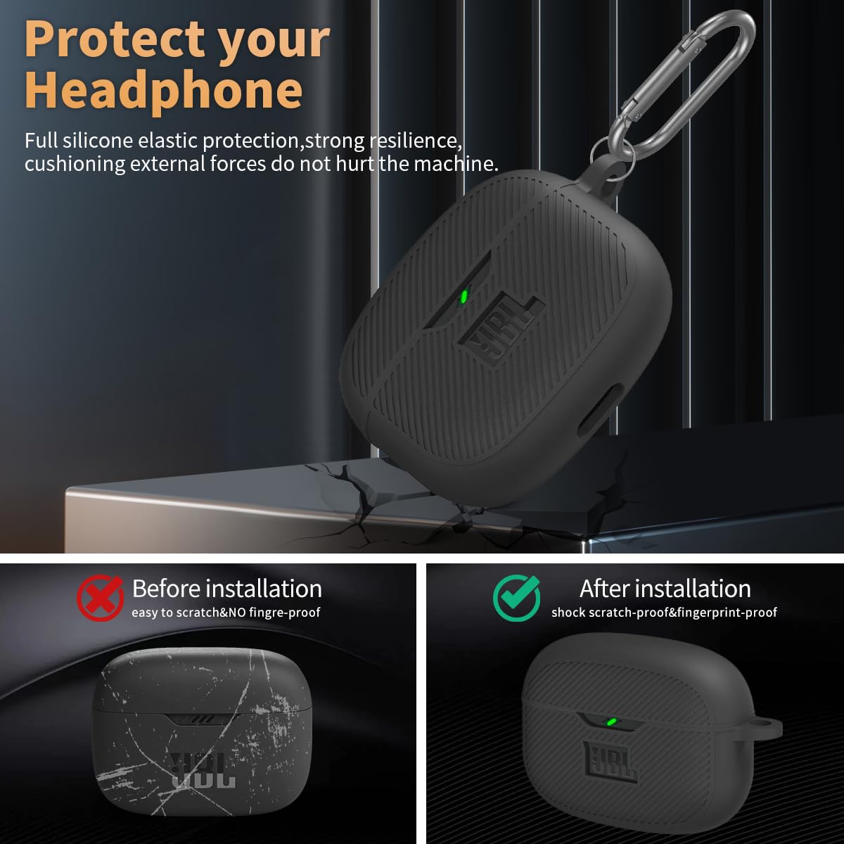 WADVCU Case Cover for JBL Vibe 200TWS & Beam, Silicone Protective Anti-Scratch Shock Resistant Logo Visible Cover, Compatible Devices, Carabiner-Black