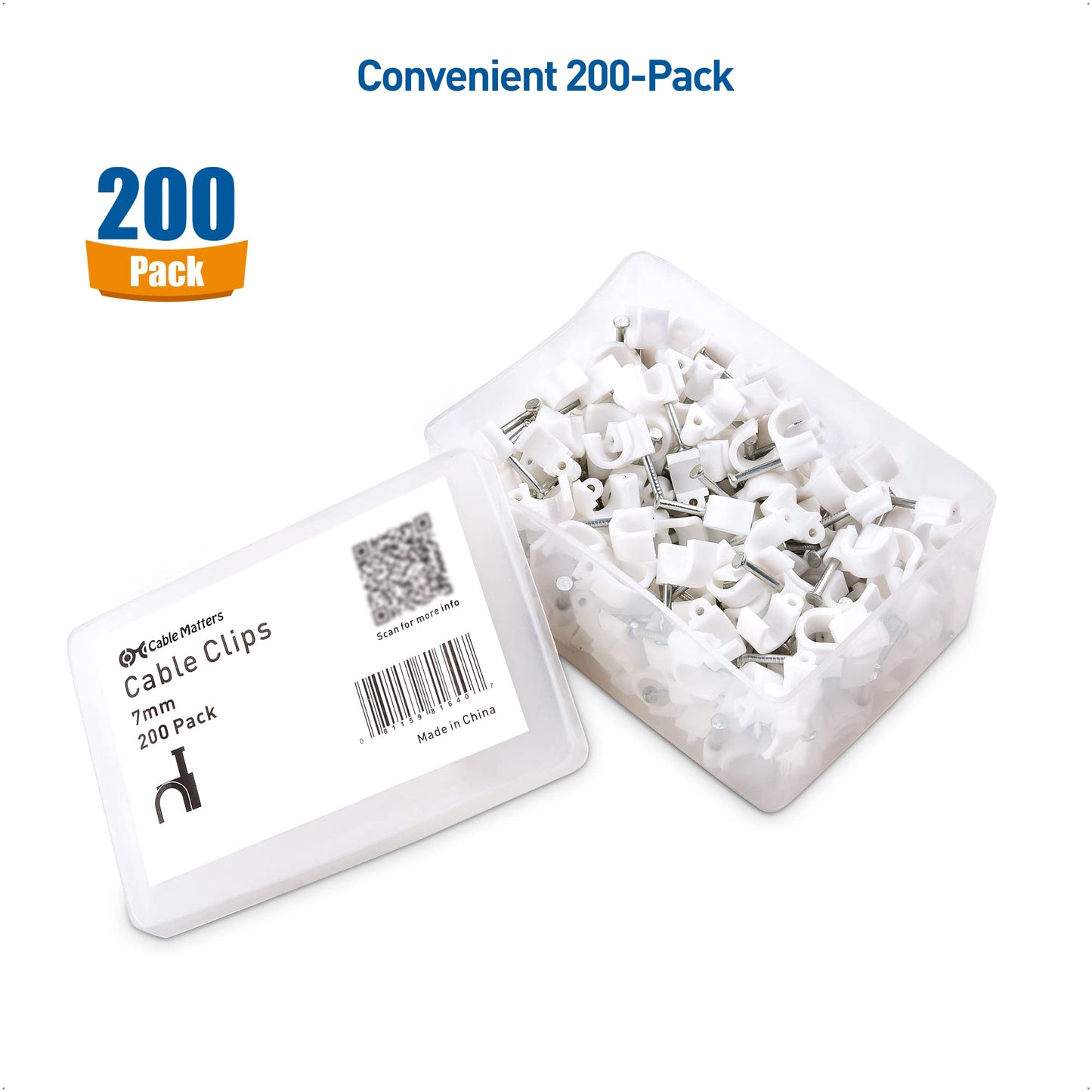 Cable Matters 200-Pack Nail-in Cable Clips Cord Organizer, 7mm / 0.27 inches, Ethernet Cable Wall Clip, Wire Wall Clips, White