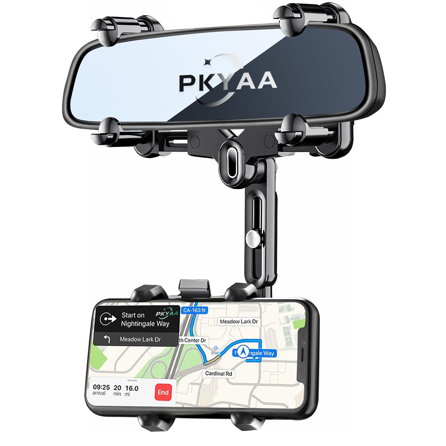 PKYAA Rearview Mirror Phone Holder for Car, 360° Rotating Rear View Mount with Adjustable Arm Length, Upgraded Four Corners Fixed Anti-Shake