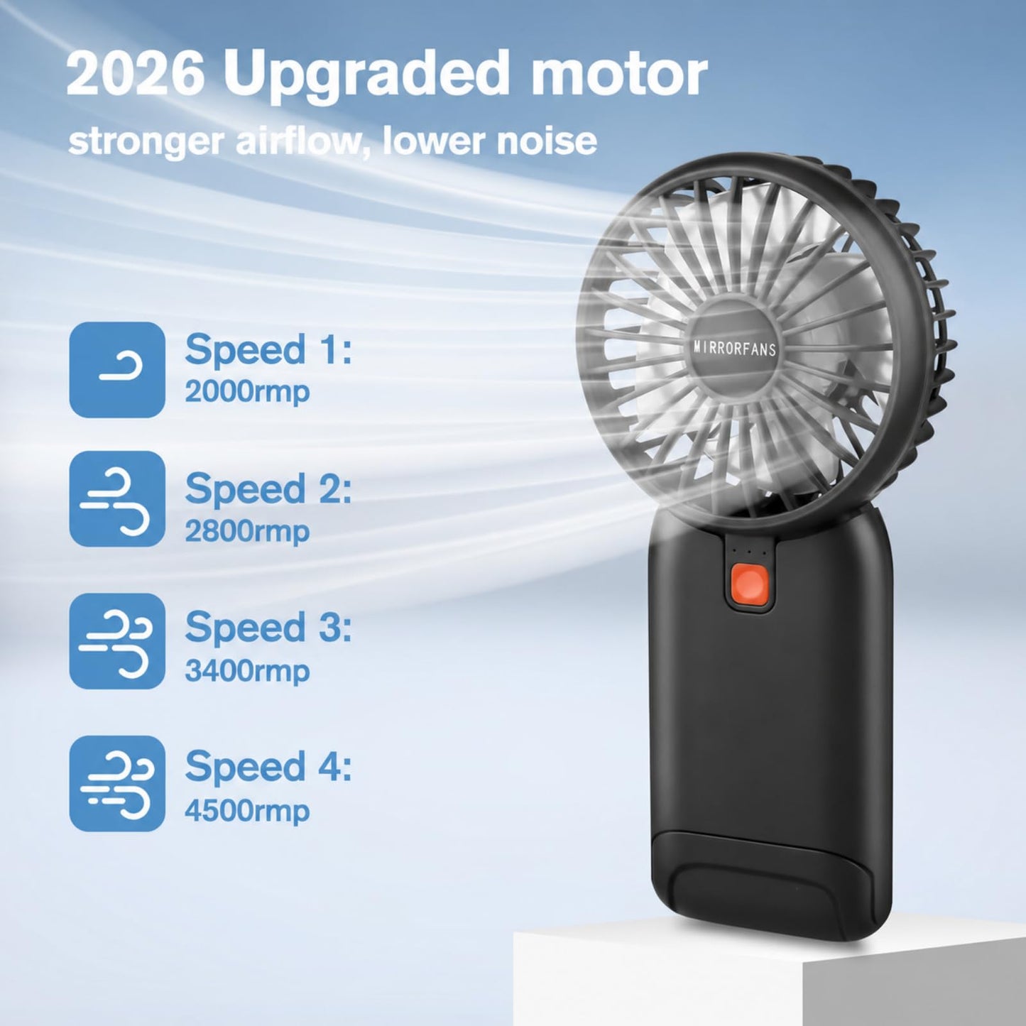 Breezefan Portable Handheld Fan, Mini Fan with Mirror, USB Rechargeable Desk Fan, 4 Speed Adjustable Battery Powered, Portable for Travel, Home