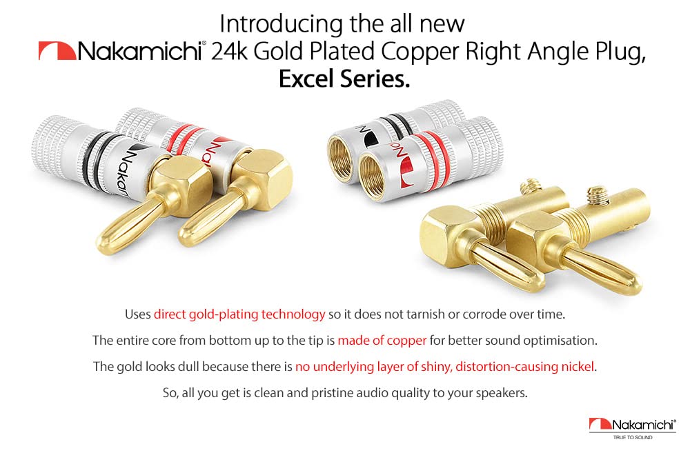 Nakamichi Excel Series 24k Gold Plated Right Angle Banana Plug 12-18 AWG Gauge Size 4mm for Speakers Amplifier Hi-Fi AV Stereo Home Theatre Audio Wire