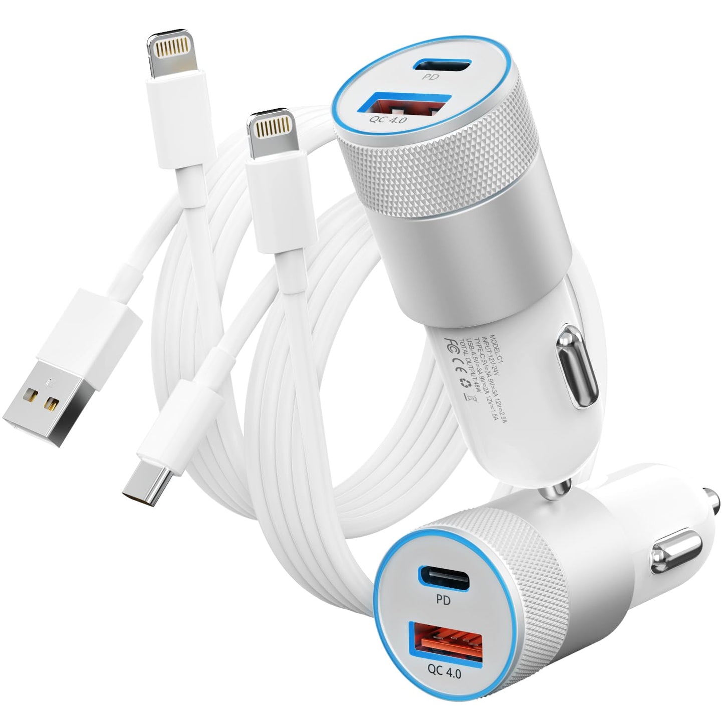 Fast Car Charger and Carplay Cable, 48W Dual Port USB A and USB C Car Charger Adapter with 2Pack High Speed Charging L ightning Cable for i Phone