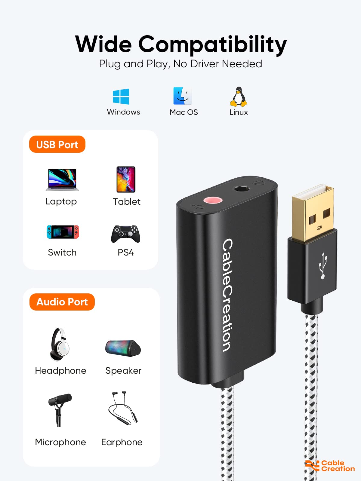 CableCreation USB Audio Adapter External Sound Card with 3.5mm Headphone and Microphone Jack Compatible with Windows, Mac, macOS, Linux, PS4, PS5