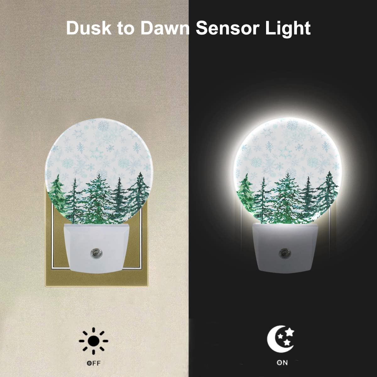 EKOBLA Winter Pine Woodland Night Light, Snowy Green Forest Night Lights Plug Into Wall with Auto Sensor for Christmas and Holiday Gifts