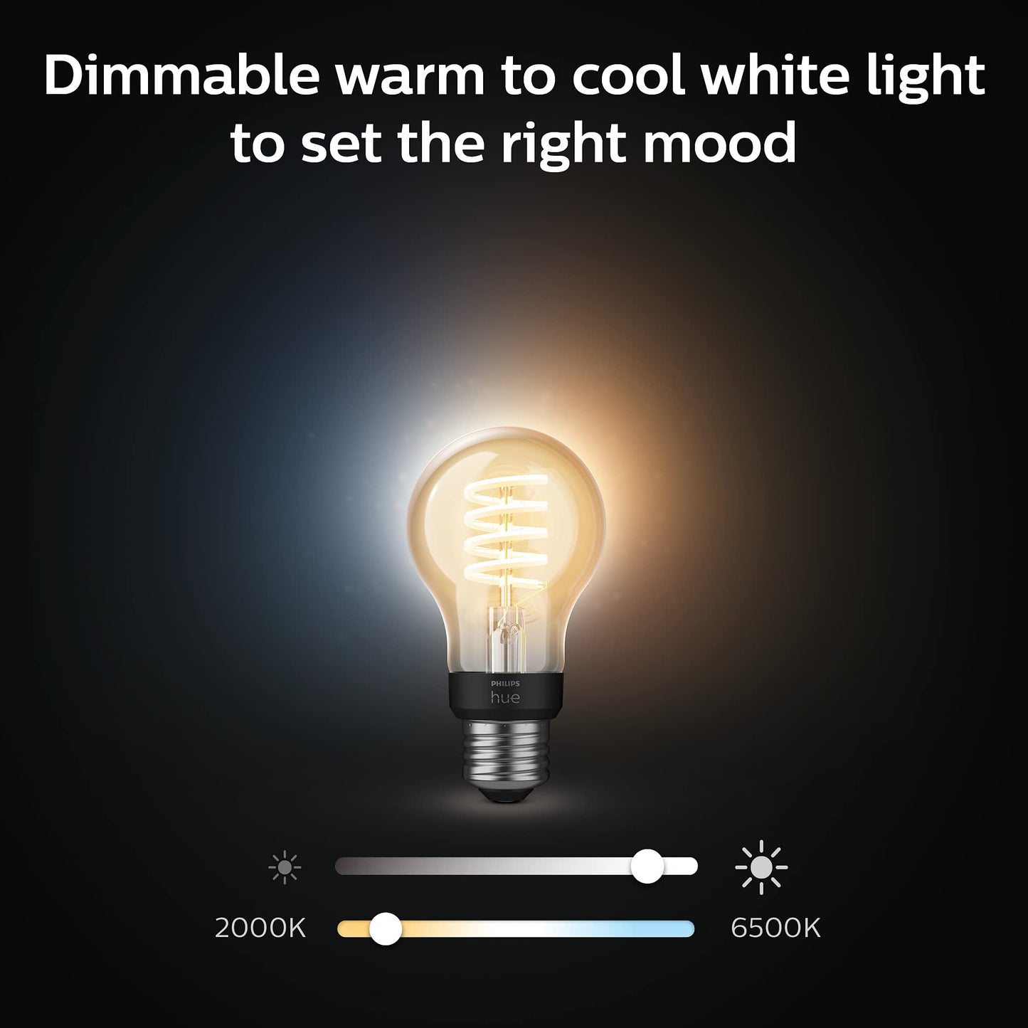 Philips Hue Smart 40W A19 Filament LED Bulb - White Ambiance Warm-to-Cool White Light - 2 Pack - 550LM - E26 - Indoor - Control with Hue App - Works