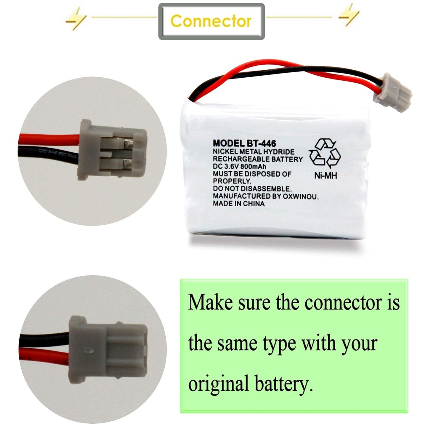 OXWINOU BT446 BT-446 Phone Battery Compatible with for Uniden BBTY0503001 BT-1004 BT-1005 GE-TL26402 BT-504 CPH-488B Handset Phone 3.6V 800mAh (3