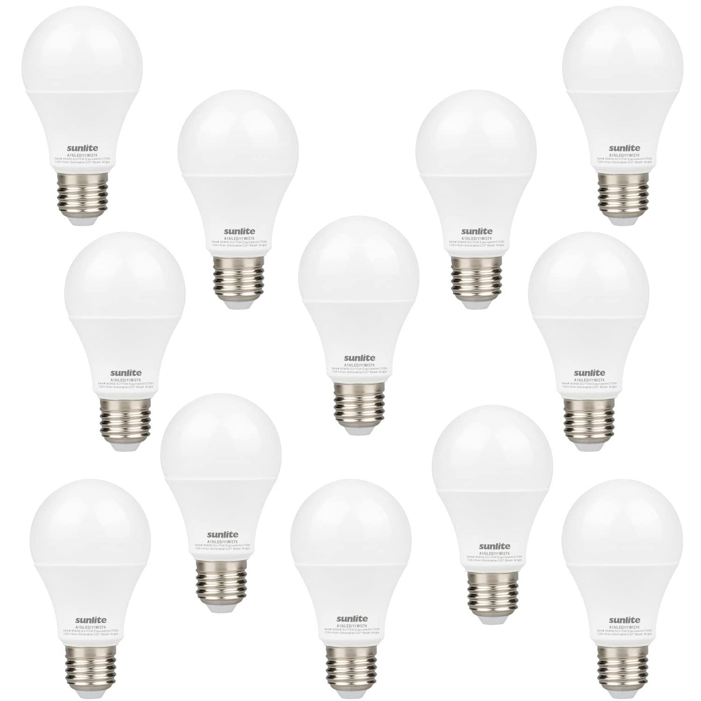 Sunlite 41804-SU LED A19 Light Bulb, Non-Dimmable 11 Watt (75W Equivalent), 1100 Lumens, Medium (E26) Base, UL Listed, 2700K Warm White, 12 Count