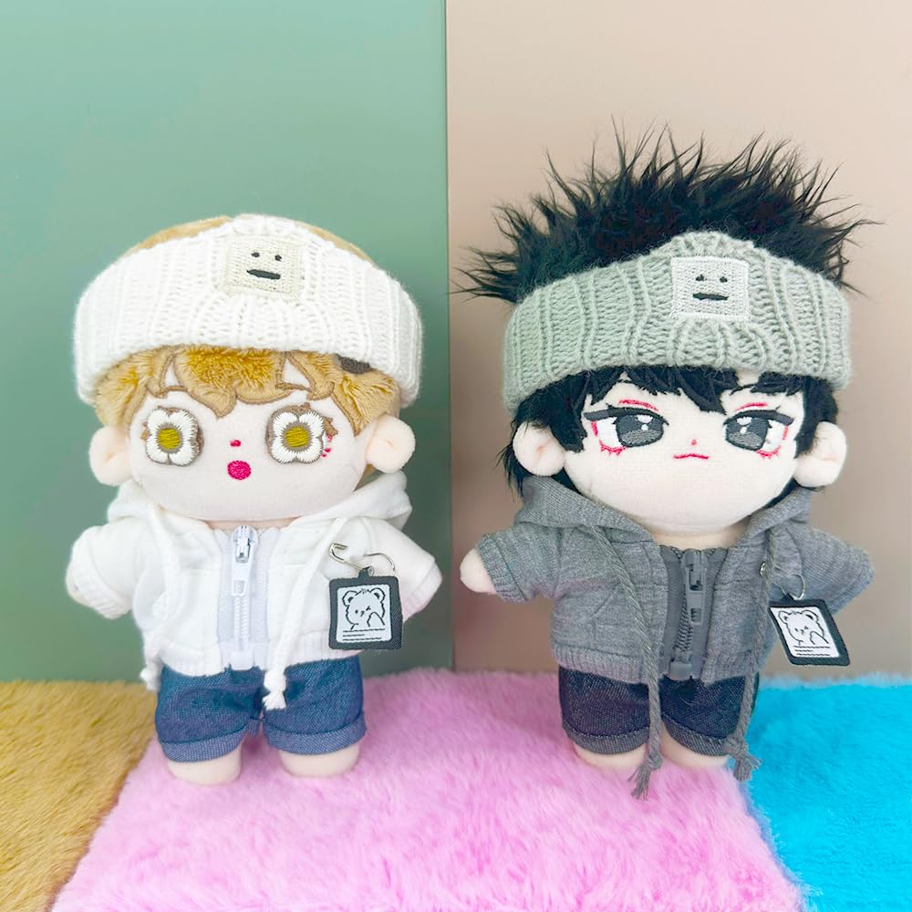 niannyyhouse 10cm-15cm Plush Doll Clothes Headband Coat Jeans Compatible with 17cm Labubu Doll (Black+Blue)