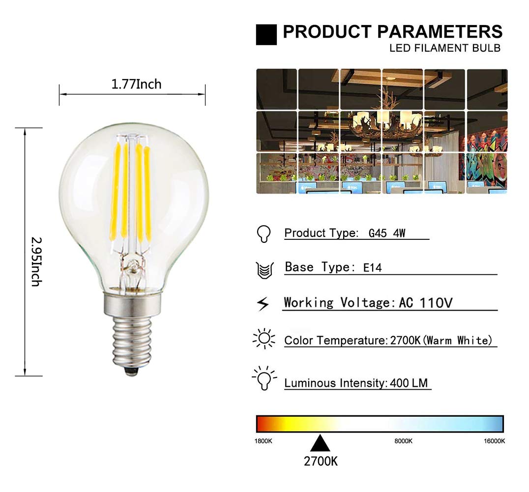 MaoTopCom 4W G45 Dimmable Candelabra LED Bulb, 2700K Warm White 400LM, E14 Base Lamp, G45 Clear Glass Globe Bulb, 40W Incandescent Replacement