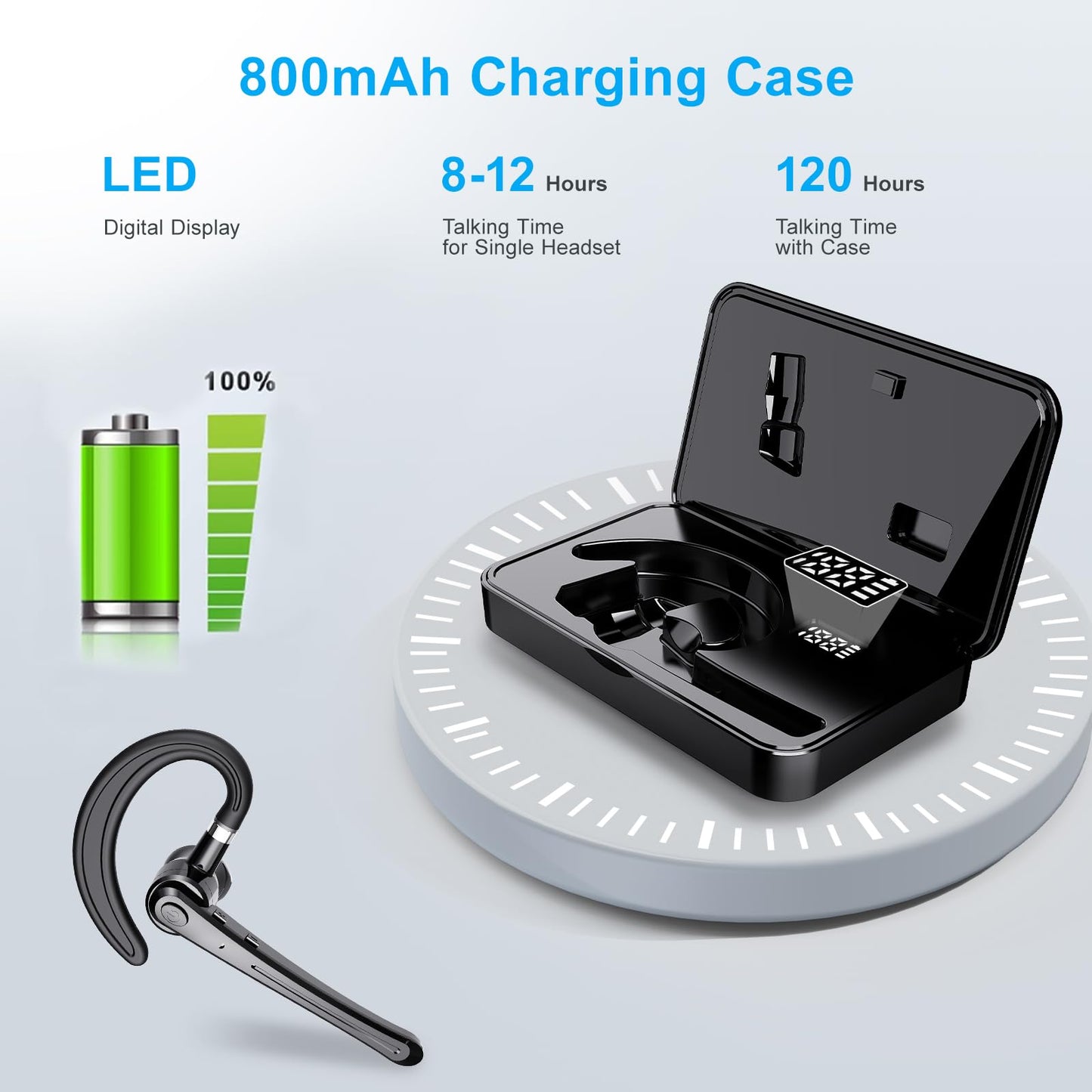 Bluetooth Headset,Wireless Bluetooth Earpiece with 800mAh Charging Case 80 Hours Talking Time Built-in CVC8.0 Dual-Mic Active Noise Cancelling V5.1