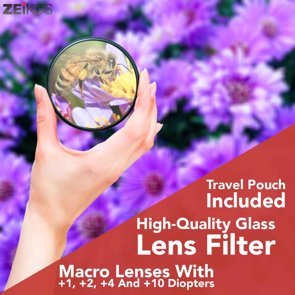 Zeikos 52mm 4 piece high definition Close-Up filter (+1, +2, +4 and +10 Diopters), Metal Rim, Magnification Kit, with Deluxe Case and Miracle Fiber