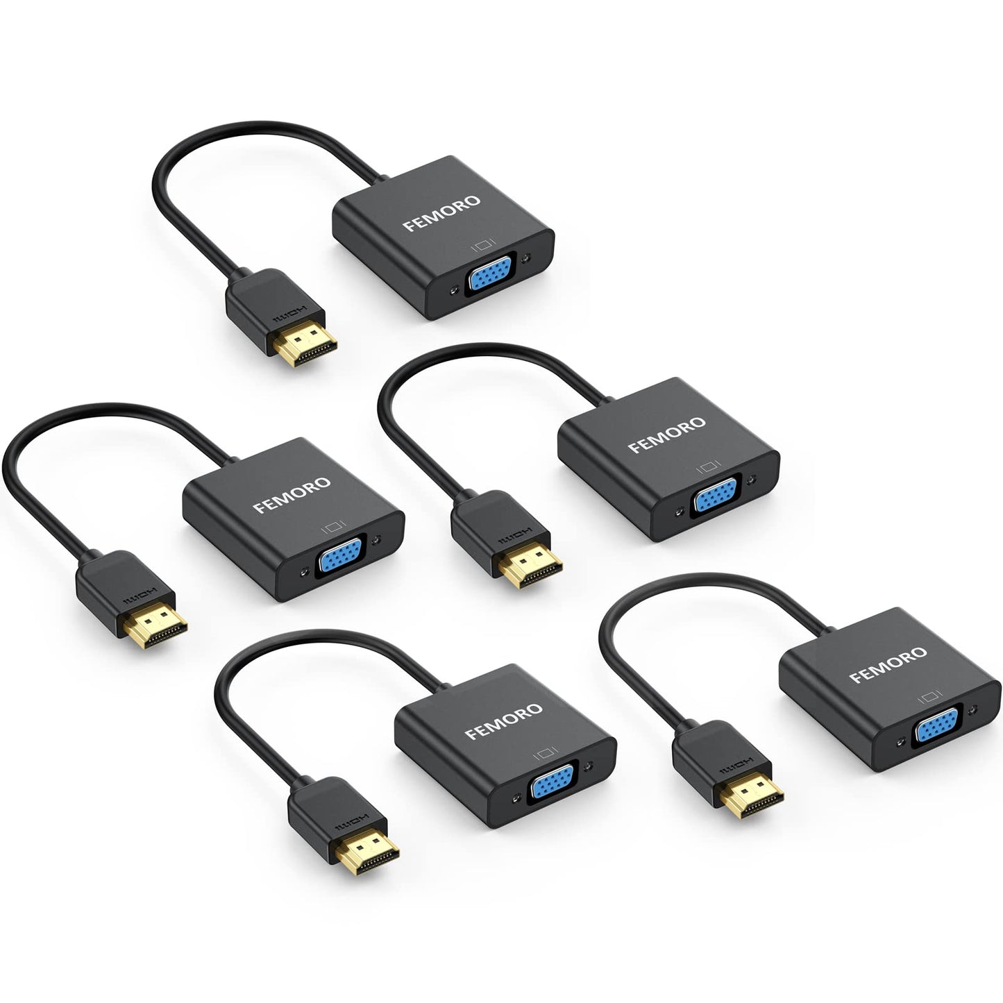 FEMORO HDMI to VGA Adapter Converter 5-Pack (Male to Female) for Computer, Desktop, Laptop, PC, Monitor, Projector, HDTV, Chromebook, Raspberry Pi