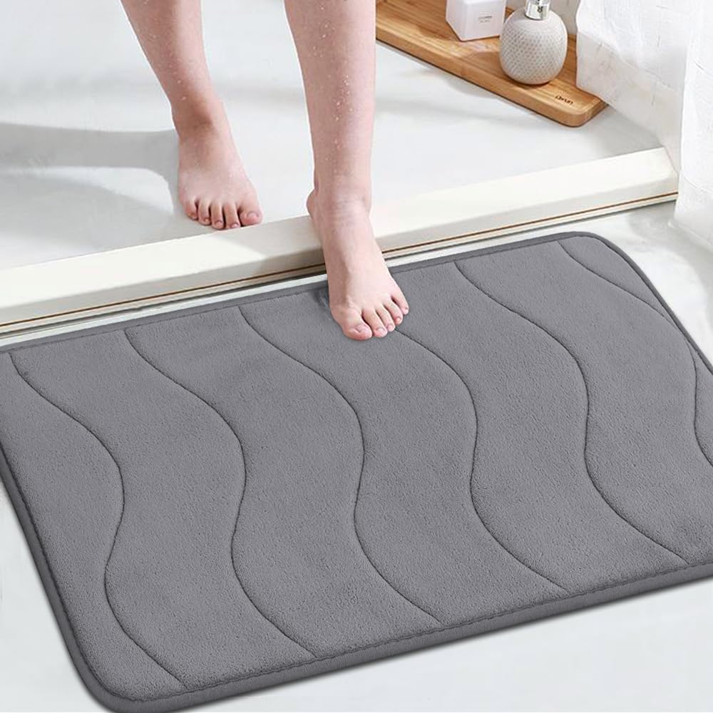 Flamingo P Memory Foam Bath Mat for Bathroom Non Slip Quick Dry Super Water Absorbent Shower Rug,24x17,Grey