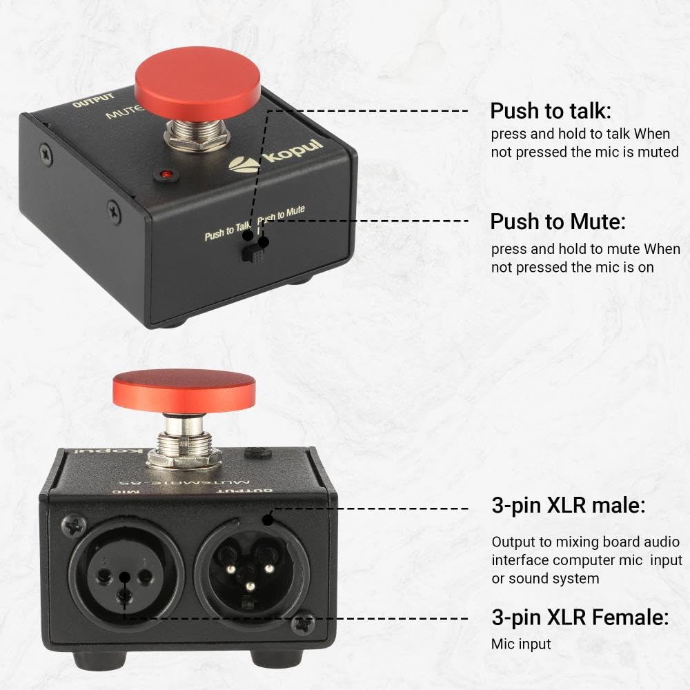 KOPUL Momentary Microphone Mute/Talk Button - Push-to-Talk or Push-to-Mute, LED Indicator,XLR in/Out, Desktop or Footswitch Use, for Dynamic &