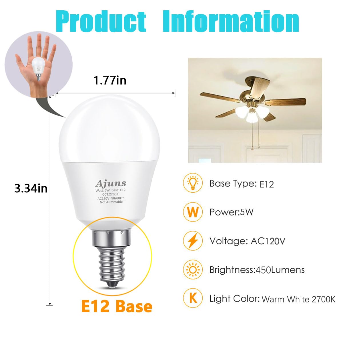 Ajuns 5Watt (40W Equivalent) LED Bulbs, E12 Small Base Ceiling Fan Light Bulbs,450 Lumen,Warm White 2700K, 120V A15 LED Bulb Globe Shape,Non Dimmable