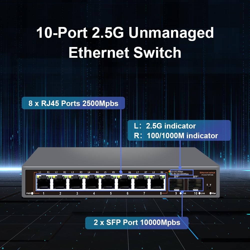 Davuaz 8-Port 2.5G Unmanaged Ethernet Switch, 8×2.5G Base-T Ports, 2×10G SFP+ Uplink, Supports 100/1000/2500Mbps, Fanless Metal Casing, Plug & Play