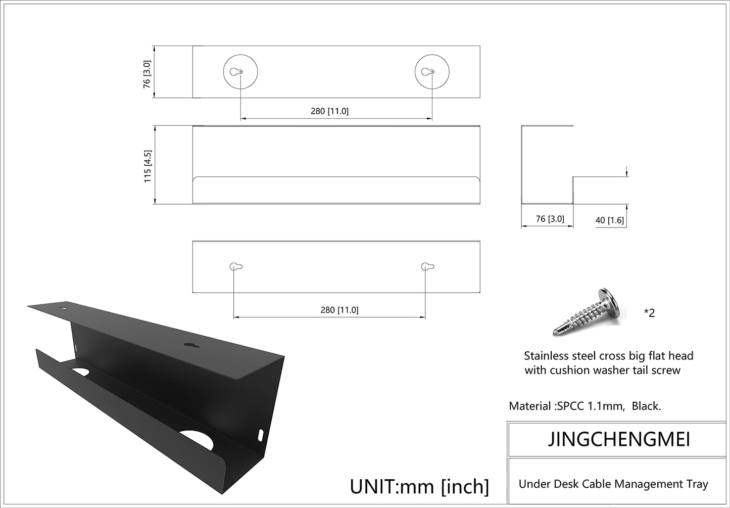 Jingchengmei Under Desk 17 inch Wide Cable Management Tray, Power Strip Holder, Metal Cord Organizer, Wire Management for Office and Home, Black